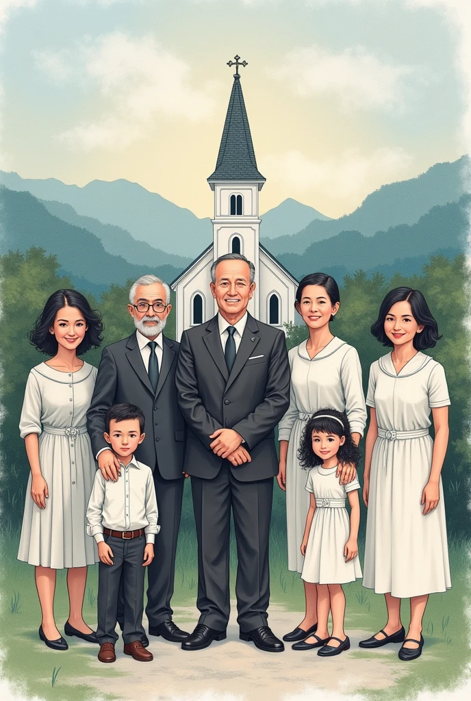 This drawing is a tribute to the Hopevale Martyrs consist of 4 pastor mens,5 women's and a  boy a child  mascaraed during the world war 2 in the Philippines , capturing the essence of their bravery and sacrifice through a drawing. The portrait and symbolic representation illustrates  that symbolize bible and Christianity.

In this painting, the use of describe artistic techniques reflects the solemnity and reverence due to their legacy. The central figure cathedral in the glen is depicted with a sense of dignity/a focus on their expression/other specific detail], embodying the spirit of their [actions/legacy].
Emphasize the 4 men pastors , 5 mature womens
 and a little boy.drawing is presented as a reflection on [their courage/their impact/the historical context] and stands as a testament to the enduring legacy they have left behind.  
can the drawing be more simple and the faces could be easy to draw and the men could be wearing formal suites and for the women should be wearing 
white dresses and the little boy could a child's clothes the  hahort hair , the men pastors could be middle aged same as the womens and they are all americans they are white people . Always emphasize the 4 middle aged mens, a  a child, and 5 middle aged women in their 50s . they are westerners 
 