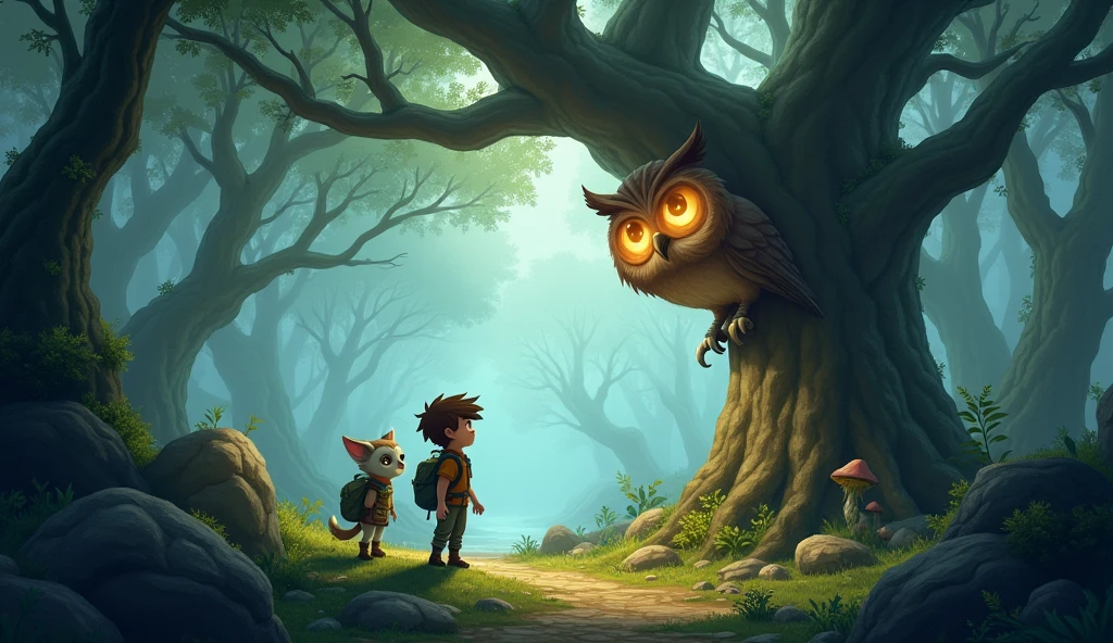 Solving the Riddle in the Whispering Woods:
"Visualize a mysterious forest where the trees whisper secrets and paths change direction. Leo and Nibbles encounter an old owl who presents them with a challenging riddle they must solve to find their way."