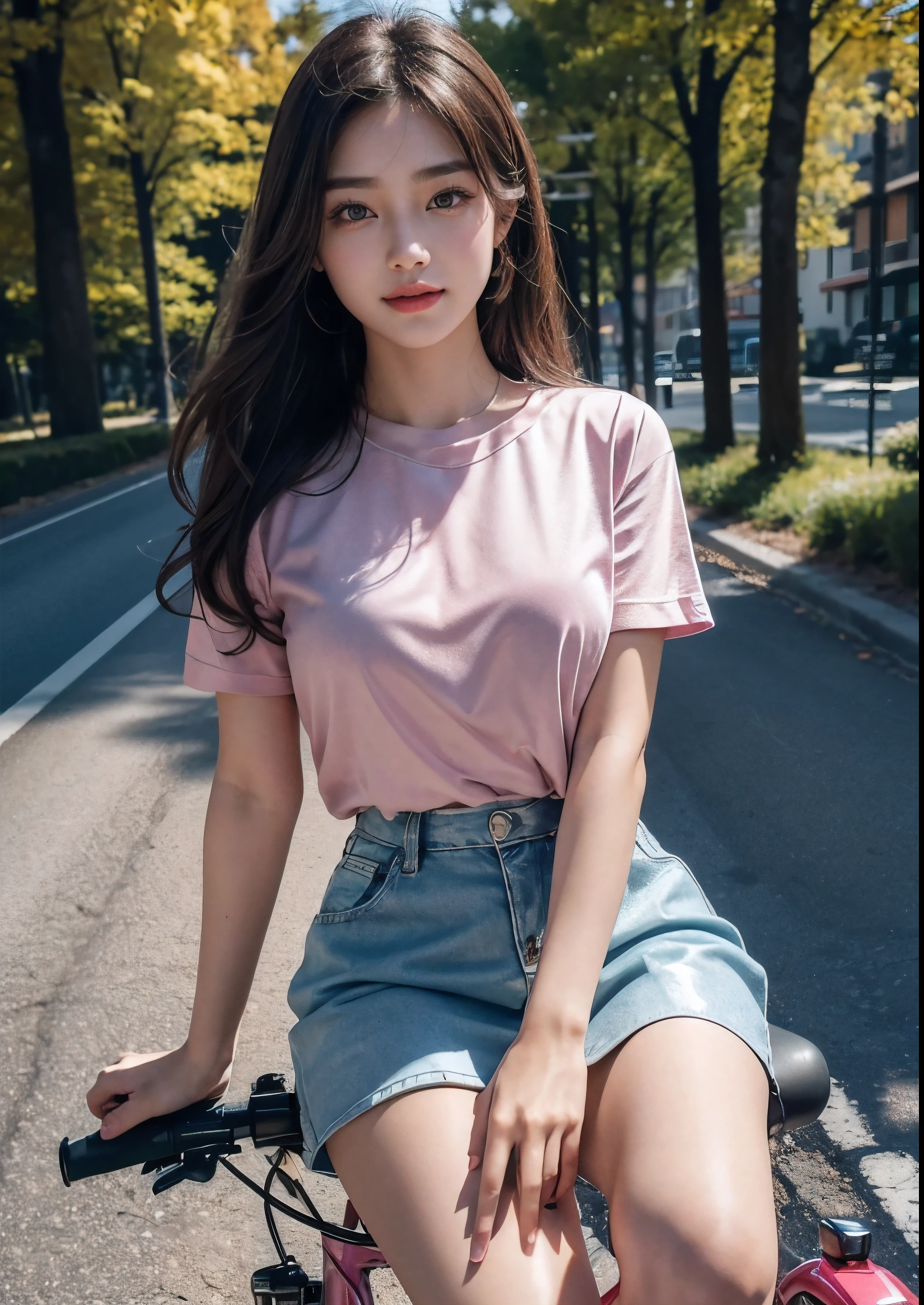 a beautiful Korean girl,1girl,beautiful detailed eyes, beautiful detailed lips, extremely detailed eyes and face, long eyelashes,(riding a 2000 MV Agusta F1 race bike),(pink bike),(silky glitter Teal colour t-shirt), tight above knee length skirt,(sitting on bike seat hand on bike handle),f1 race, photorealistic, best quality,4k,8k,highres,masterpiece:1.2,ultra-detailed,realistic,photorealistic:1.37,HDR,UHD,studio lighting, ultra-fine painting, sharp focus, physically-based rendering, extreme detail description, professional, vivid colors, concept art, stylish poses, stylish look, smile, (rose on hand), (standing), bright skin, Autumn, clear face, realistic skin, realistic face, Realistic smile, tempting eyes, Cute, cinematic composition, highly detailed, detailed beautiful face with striking eyes and lips, intricate details, professional photography, (full body shot),(smile), beautiful road, dark Colour road