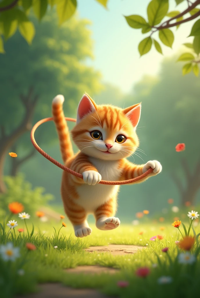 "A playful cat jumping rope in a park, surrounded by greenery."