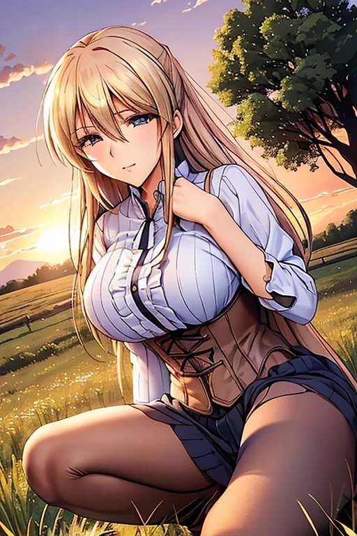 Anime style 2 female character with blond, waist-length, wavy hair, V bangs, and blue eyes, squatting in a spring field at sunset, viewed frontally. She appears tired and is panting, with sweat on her forehead, dressed in a white blouse with a chocolate-colored corset over it, skinny tight blue jeans, and high boots. The background is a vibrant spring landscape with blooming flowers, green grass, and a warm sunset glow, creating a peaceful yet dynamic setting.