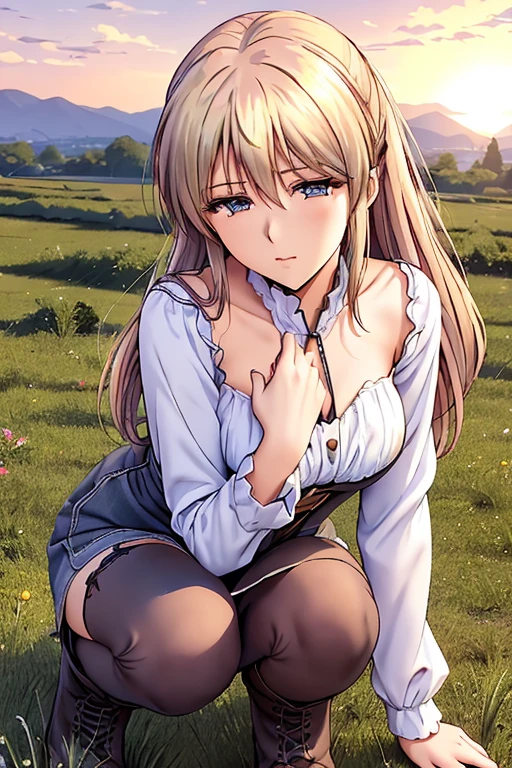 Anime style 2 female character with blond, waist-length, wavy hair, V bangs, and blue eyes, squatting in a spring field at sunset, viewed frontally. She appears tired and is panting, with sweat on her forehead, dressed in a white blouse with a chocolate-colored corset over it, skinny tight blue jeans, and high boots. The background is a vibrant spring landscape with blooming flowers, green grass, and a warm sunset glow, creating a peaceful yet dynamic setting.