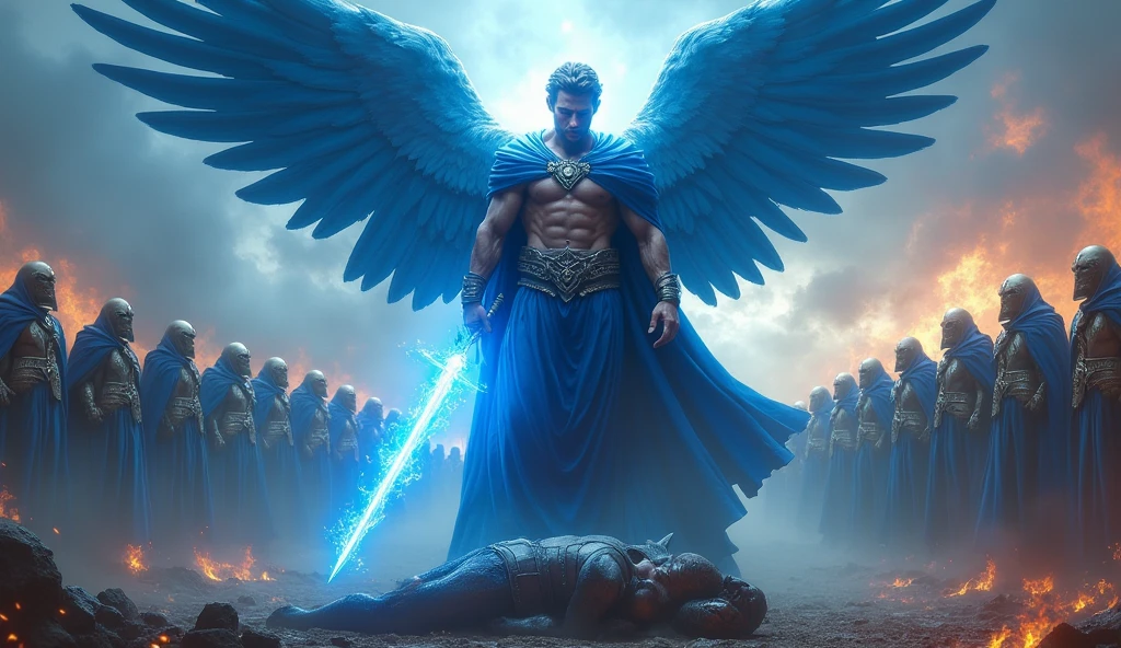 ultra realistic image of archangel michael blue cape, firm look, with his blue flame sword, stepping on the head of the demon who is lying prostrate on the ground, around his head a halo with blue light, convey depth, and many colors in the background contrasting with the blue, in the background, soldiers in warrior clothes and blue capes