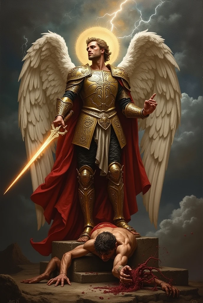Image portrait of Saint Michael the Archangel stepping on Satan