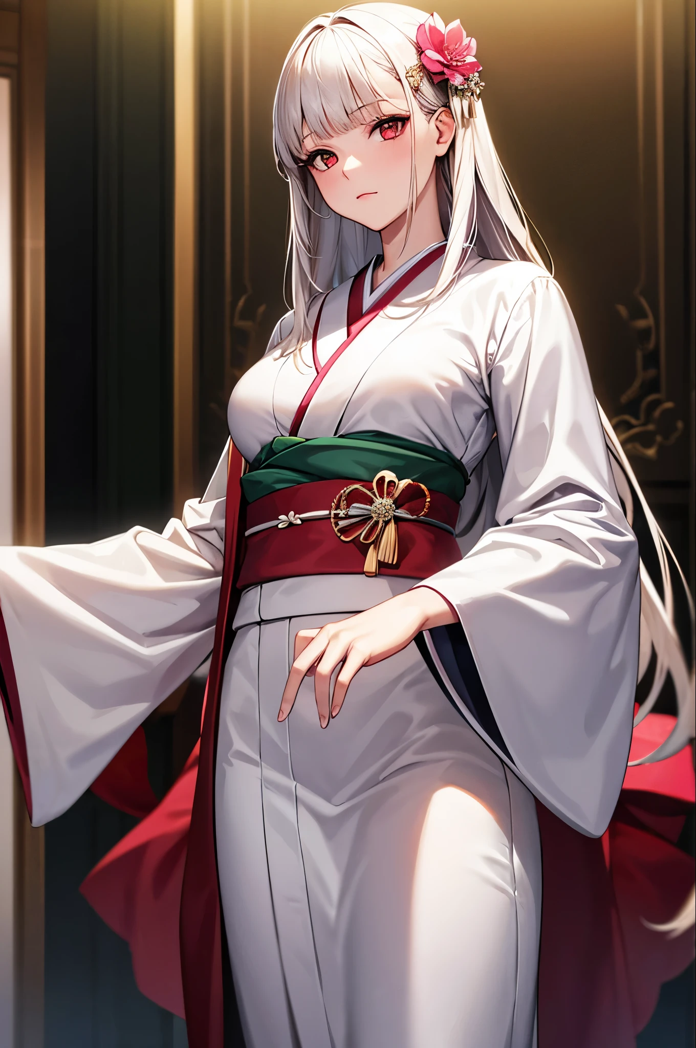 best quality, 32k, super fine illustration 
, extremely detailed CG , masterpiece, [official art]
,1girl, solo, long hair, breasts, looking at viewer, bangs, medium breasts, hair ornament, red eyes, long sleeves, closed mouth, standing, flower, white hair, cowboy shot, japanese clothes, indoors, hair flower, wide sleeves, blunt bangs, kimono, lips, sash, obi, own hands together, tassel, pink flower, white kimono
, [slow shutter speed] 
, [perfect anatomy]
, 
, [Professional certification]
, [best shadow]
,,
, [natural light]
,,
, [natural reflection],