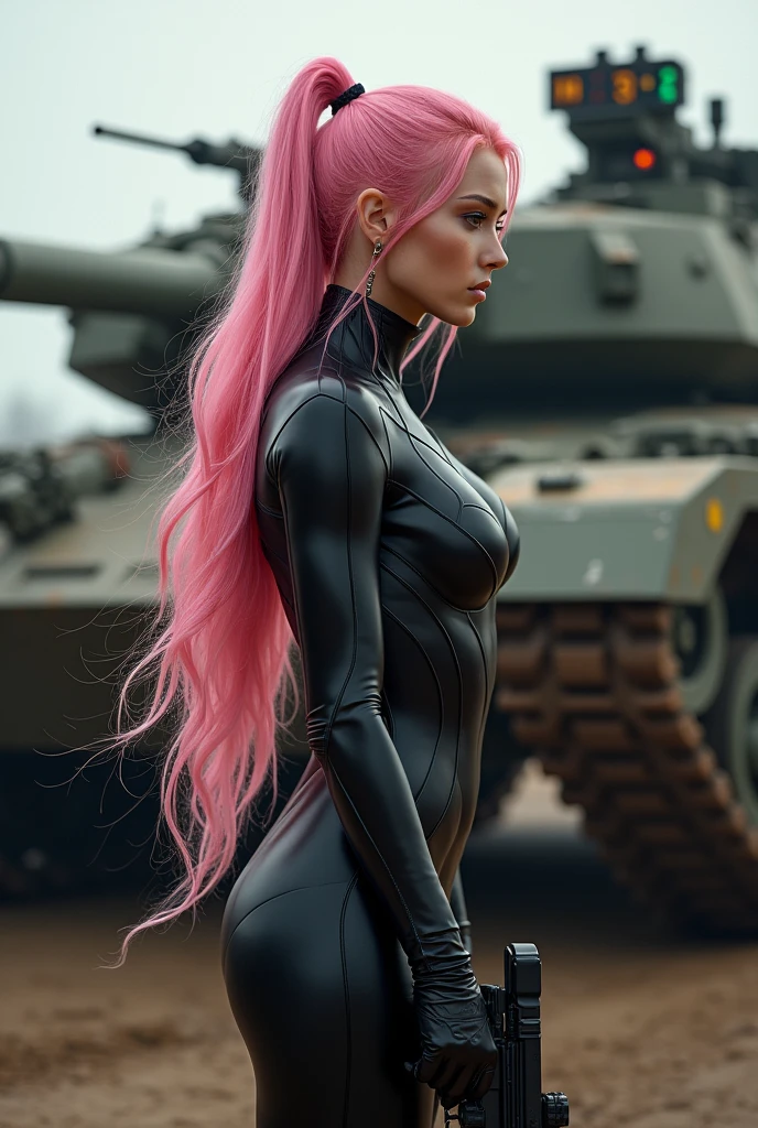 A woman with exuberant beauty, with long, flowing pink and shiny hair, she is standing in profile, holding a rifle and looking in front of a war tank with tracked wheels and some pink details, on the tank there is a light sign that says “FMS-134”. The woman is wearing a long, tight-fitting black jumpsuit and is staring at the viewer.