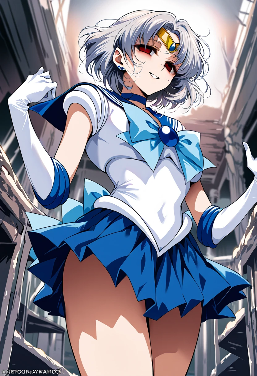 (masterpiece, Highest quality, so beautiful, Very detailed), Intricate details, 12k, Honestly, aamercury, short hair,  tiara, earrings, , blue choker, blue sailor collar, blue bowtie, white shirt, elbow gloves, white gloves, pleated skirt, blue skirt, bare legs, Are standing, Cowboy Shot,,(Wicked Smile:1.2), One person,(Silver Hair:1.4),(empty eyes,:1.4),From below,Watching the dawn,Dark aura,View your audience,(red eyes:1.2),