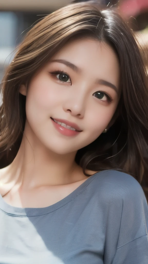 8k,Highest quality,(masterpiece:1.2),(Realistic),(Realistic:1.37),Ultra-high resolution,1 female college student,smile,Long Wavy Hair,Beautiful Eyes,Beautiful teeth alignment, In town,(((T-Shirts))),Big Breasts,Perfect body,Perfect Fingers,Professional Lighting,gravure,Detailed face and skin texture,fine grain,RAW Photos