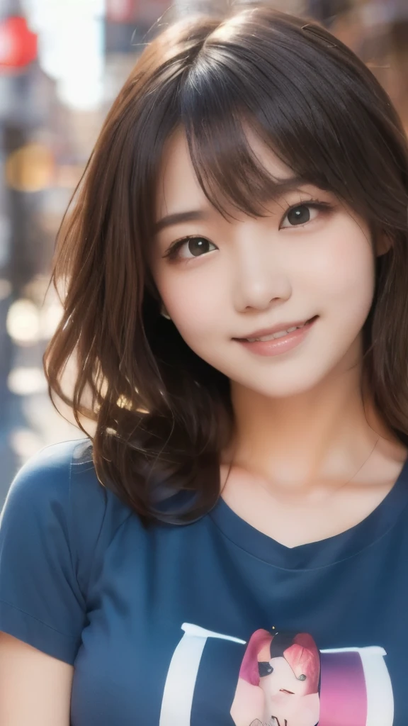 8k,Highest quality,(masterpiece:1.2),(Realistic),(Realistic:1.37),Ultra-high resolution,1 female college student,Long Wavy Hair,smile,Beautiful Eyes,Beautiful teeth alignment, In town,(((T-Shirts))),Big Breasts,Perfect body,Perfect Fingers,Professional Lighting,gravure,Detailed face and skin texture,fine grain,RAW Photos
