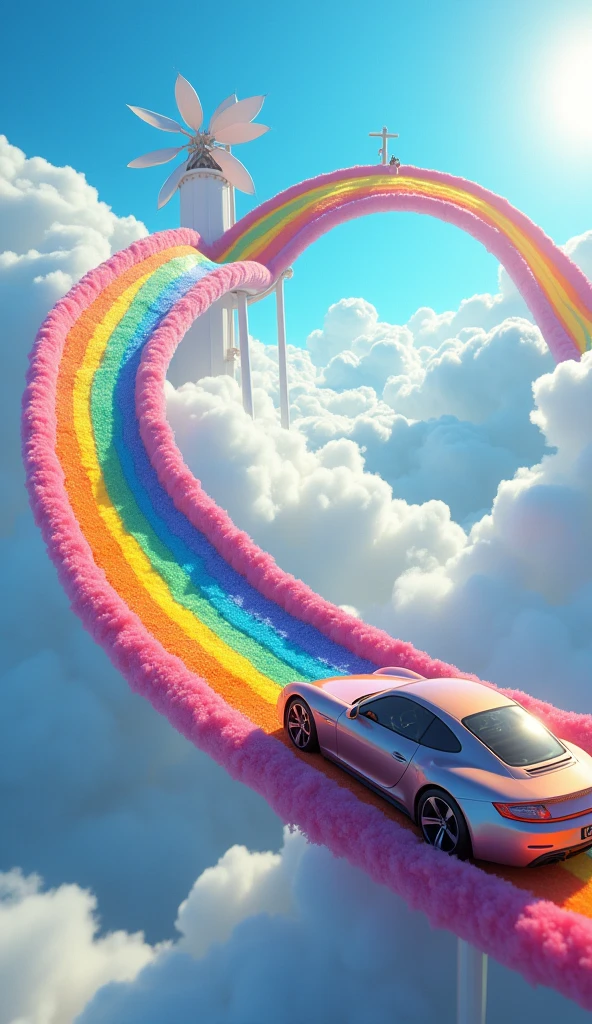 fantasy scenes, the slide is made of rainbows,a car going down the slide, beautiful sky,