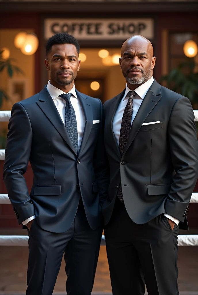a man with neat hair, which, 2, a little bit small,posing with legendary boxer Mike Tyson, Wearing a neat suit, standing in the ring, coffee shop front background, realistic, UHD.