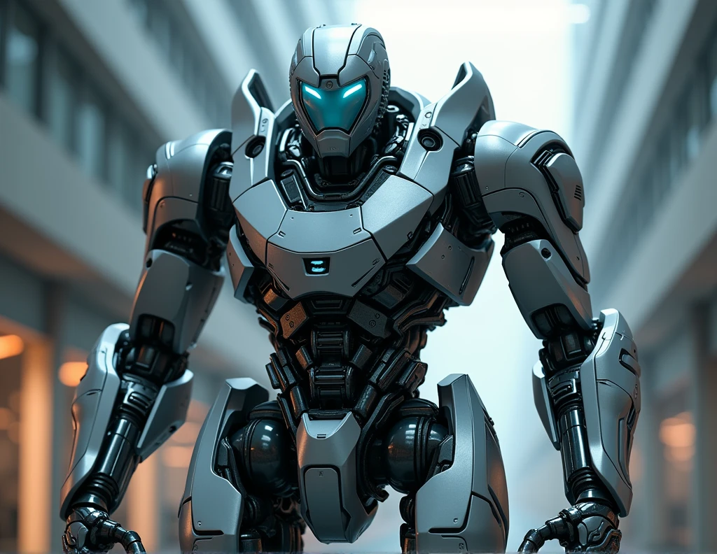 a highly advanced robot, intricate mechanical details, gleaming metallic body, glowing blue eyes, complex circuitry and inner workings, standing tall with a powerful presence, futuristic sci-fi setting, cinematic lighting, photorealistic 8k render, concept art style