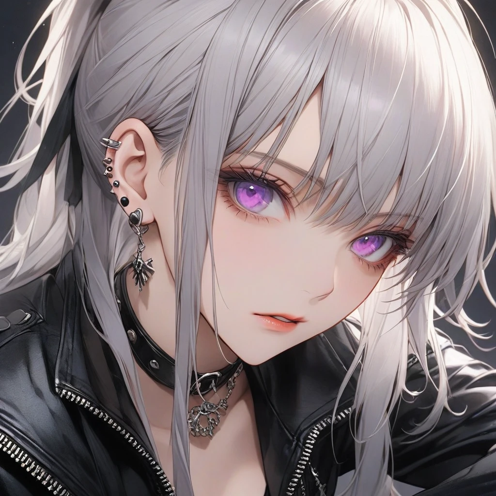high resolution, Masterpiece, Anatomically correct, precise, qualityที่ดีที่สุด, quality, 1 woman, Age 25 years ,long hair, silver hair, purple eyes,ponytail,big breasts, full bangs , Dark makeup, A cold expression simple background, Close-up , Anime style,Wearing black leather jacket, Sharp eyes ,mature woman,piercings , ไฮไลท์​ผม, ผมไล่สี, punk , rock
