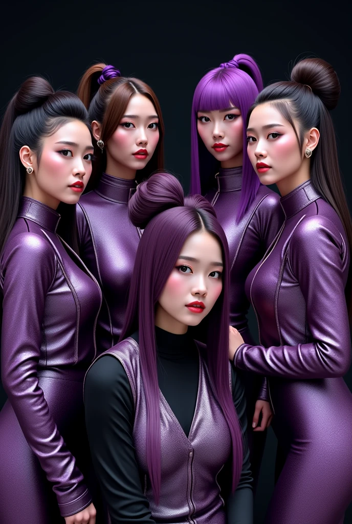 6 Kpop girls with different hair styles dressed in purple metallic and black