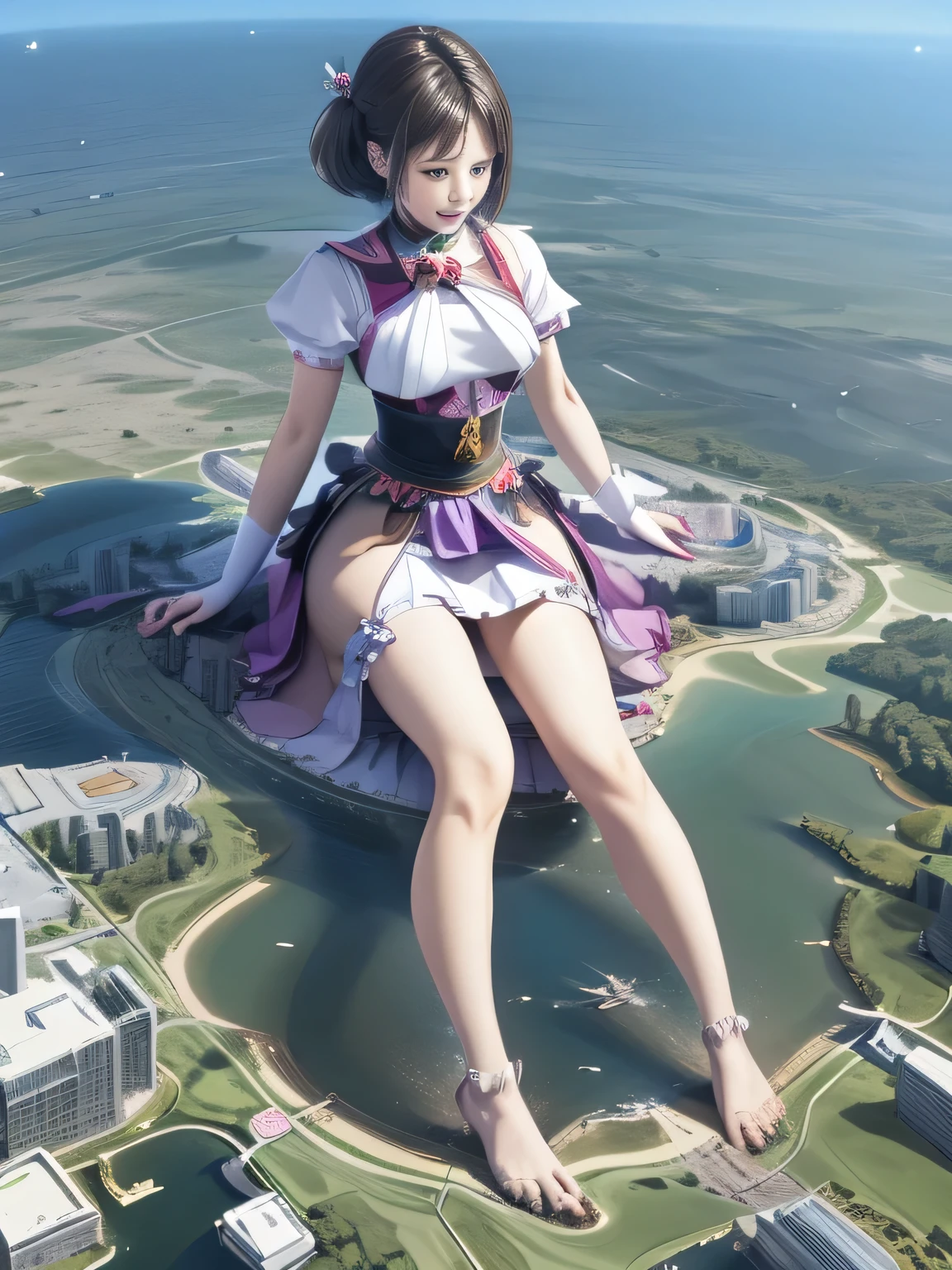 multiple girls, 3girls, standing, giantess art, highly detailed giantess shots, giantess, most detailed, perfect face, Two legs, Five fingers, short hair, A beautiful girl who is bigger than a skyscraper, Wearing rimless glasses, smile, huge breasts, magical girl dress, bow, magical girl, holding a magical wand, black pantyhose, stiletto heels, thunderbolt from a magical wand, seaside metropolis, numerous miniature warships on the sea, Destroying cities, Under heavy attack, A very small big city, Miniature metropolis, Full body description, GTS, giga giantess, gigagts, stomping city, crash city, tiny city, micro city, pantyhose feet, High resolution, highest quality, masterpiece, 