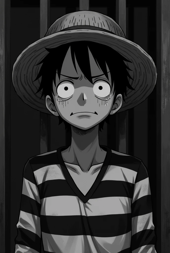 Monkey D. Luffy in a black and white striped long sleeve prison uniform with teary eyes and crying inside a jail