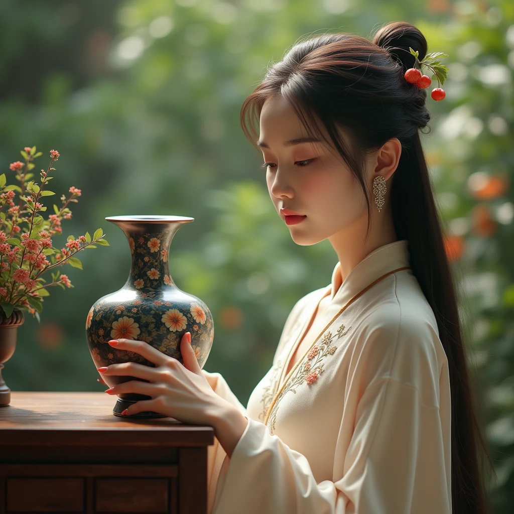 a beautiful girl in traditional chinese dress touching a large human sized antique Chinese case, detailed face, long hair, elegant posture, antique chinese vase, intricate floral patterns, natural lighting, photorealistic, highly detailed, 8k, ultra-detailed, realistic, masterpiece, cinematic lighting, warm color palette, detailed fabric textures, flowing dress, delicate jewelry, pensive expression, serene atmosphere, natural setting, lush greenery, muted colors