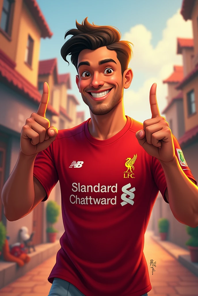 A handsome man smiles in a Disney style and holds up two fingers while wearing a Liverpool football shirt. standing in cartoon style illustration Detailed and colorful High quality, realistic photography dynamic poses color
