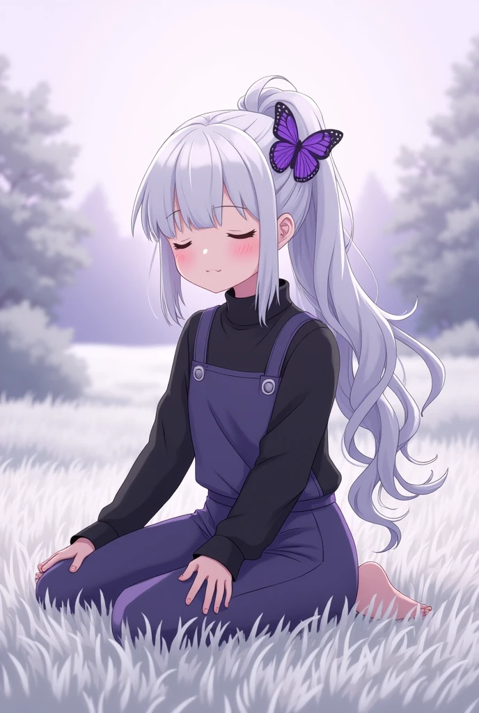 Generate anime art of white skin and white haired anime girl with soft CLOSED eyes. She has freckes. Her wavy hair tied in a high ponytail with a purple butterfly attached to it.
The girl is a black sweater with dark purple overalls and sitting on white grass.
Behind her is purple sky and with grey trees