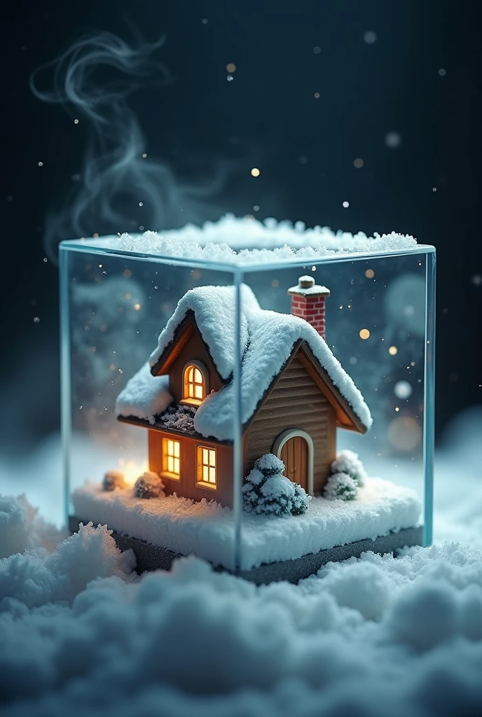 Create a detailed and atmospheric image of a small, cozy house inside a transparent glass cube. The scene should be a macro view, capturing the intricate details of the house, such as the texture of the walls, the shape of the roof, and the soft glow of light coming from the windows. Inside the cube, snow should be gently falling, covering the roof and the ground around the house, adding a serene and wintery ambiance. The swirling white smoke should mix with the falling snow, creating a soft, ethereal atmosphere. The background should be dark, with subtle gradients of deep blues and blacks, creating a dramatic contrast that highlights the peaceful scene inside the cube. Incorporate subtle light effects, like soft, diffused lighting and gentle highlights on the glass, to emphasize the beauty and tranquility of the snow-covered house within the mysterious glass cube.