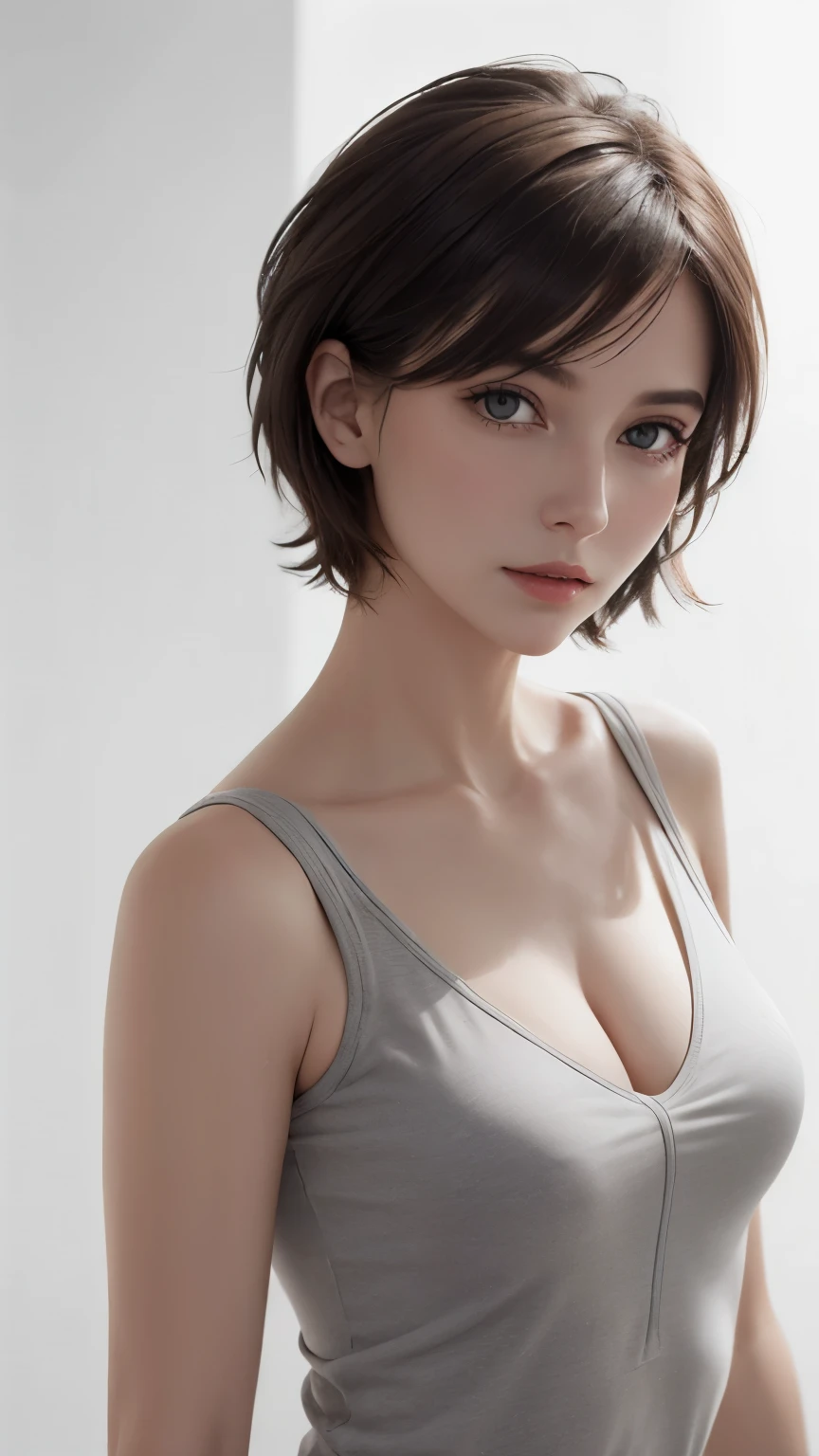 8K UHD、RAWphotograph、Model photo shoot、Russian Race, European race, (masterpiece, highest quality, photorealistic, High resolution, photograph: 1.3), Close-up, Focusing, hot models, slim, 30 year old mature woman、small face、short cut hair、dark brown hair、Detailed beautiful eyes、Real skin, (perfect body), Sexy hot face, erotic, Sexual gaze, slim, Sweat top, Detailed beautiful eyes、glossy lips、small breasts、、bust B cup、((bright light、dynamic lighting、real、超real、 Realism、realistic details、Cool Beauty、cool pose、background gray、white background