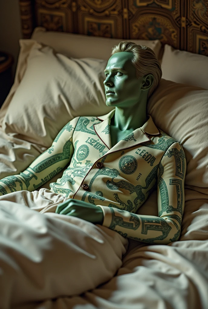 Dollar with dressed manbody in bed