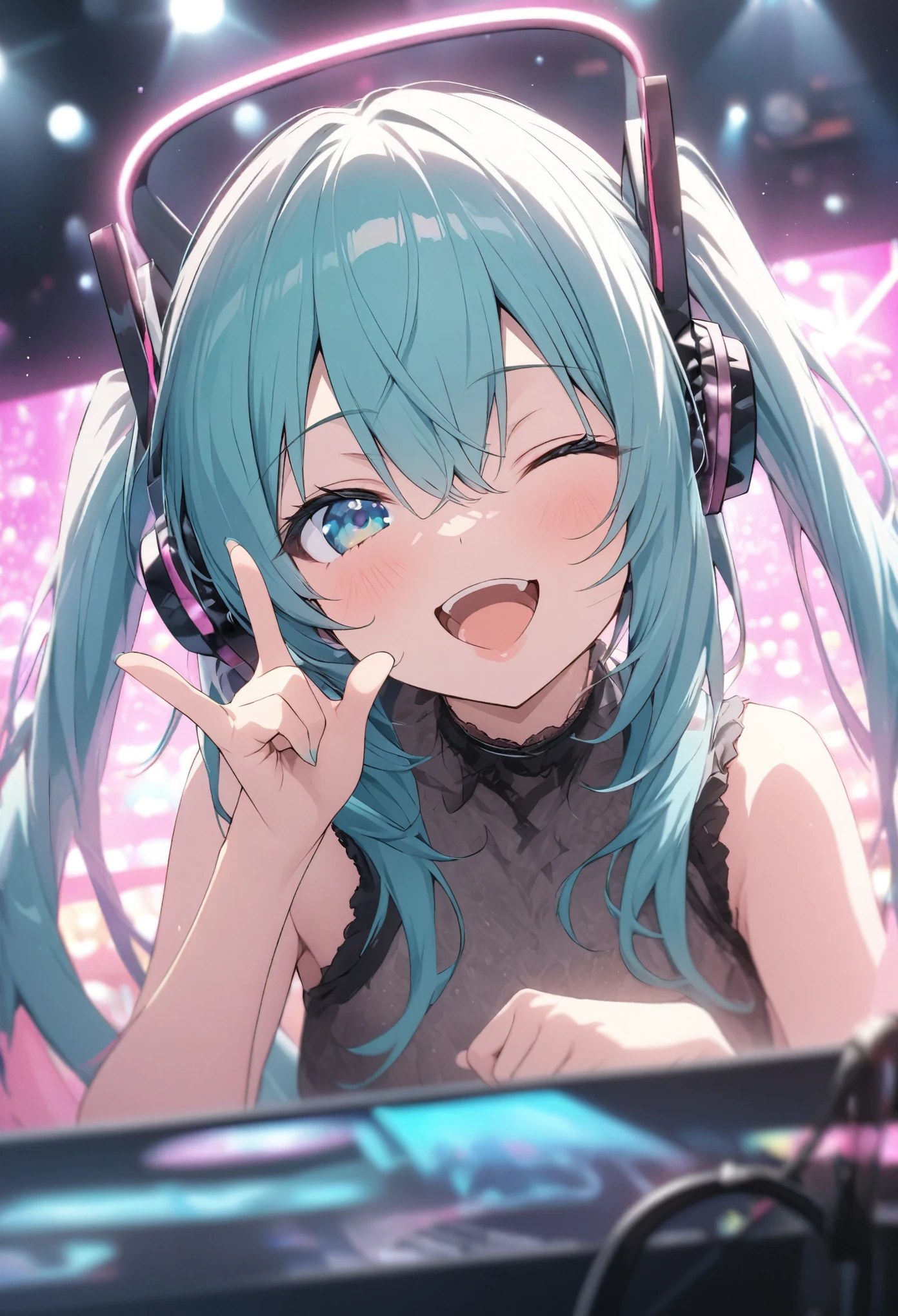 Hatsune Miku、masterpiece, Highest quality, Highly detailed CG Unity 8K wallpapers, headphone microphone、Finger gun pose、she has her eyes closed and mouth open, smile. The background is a live stage with shining neon lights and a large holographic monitor., Light blue eyes, bokeh photography, (soft focus):1.2, out-of-focus highlights, dreamy ambiance, glowing circles, mesmerizing depth、Deep depth of field、Anatomical Hand、Anatomical Fingers、Golden Ratio、