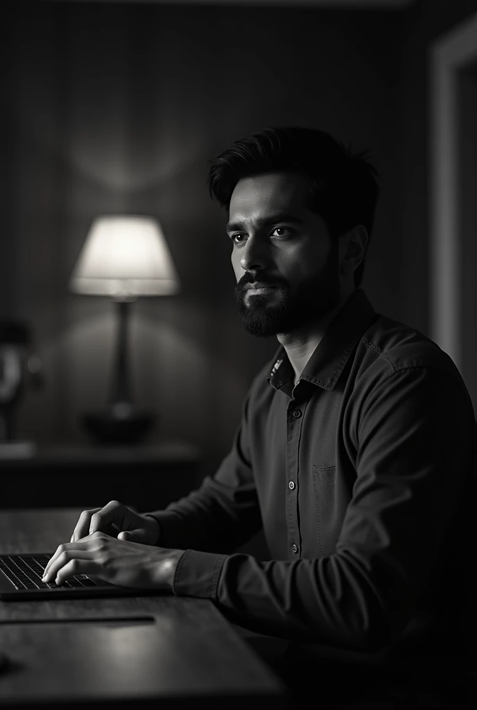 A man is 20 to 2. He has a beard on his face. His hand is on a laptop. There is a laptop on his table. He is in a room. His camera is very good. Indian environment. His face is facing forward. Blured and black color