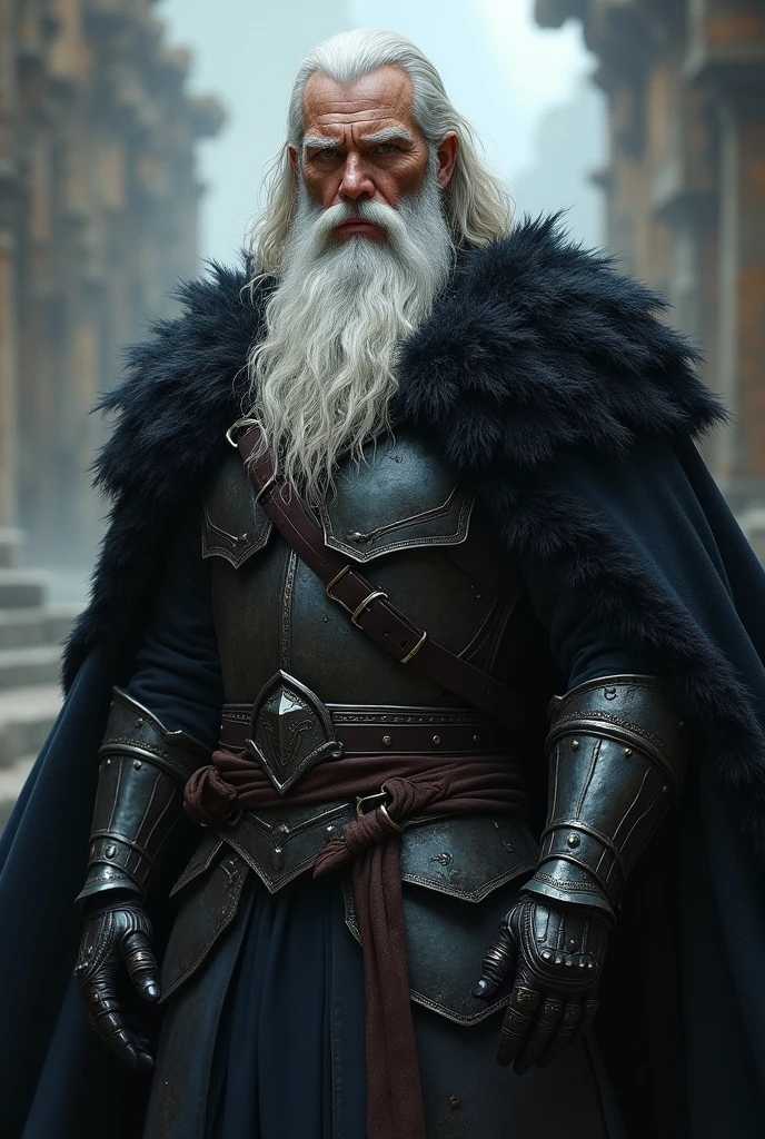 Dark warrior in dark armour, black velvet cape, with a long white beard, heroic fantasy character, painted portrait of rugged odin, fantasy digital art style