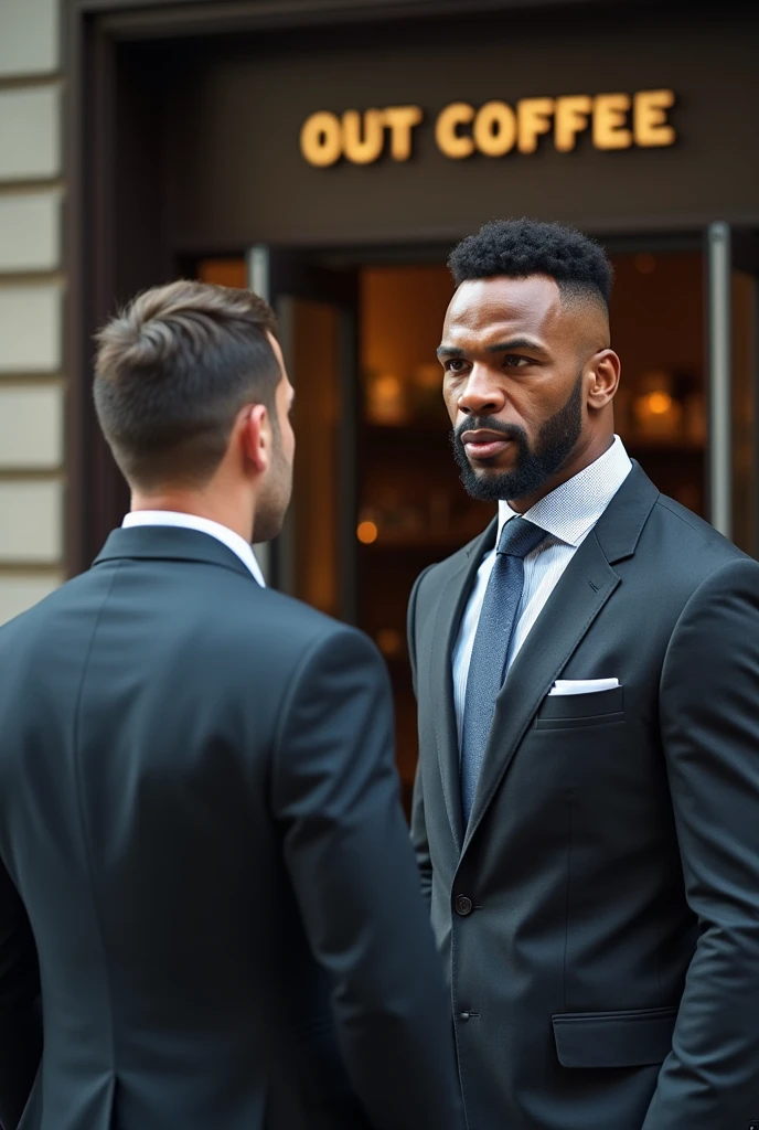 a man with neat hair, which, 2, a little bit small,posing with legendary boxer Mike Tyson, Wearing a neat suit, stand, coffee shop front background, realistic, UHD.