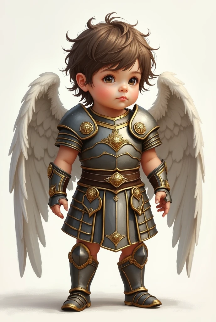 Design a portrait format of a with long hair and Roman warrior armor, including angel wings and in gray and gold tones to use as a tattoo