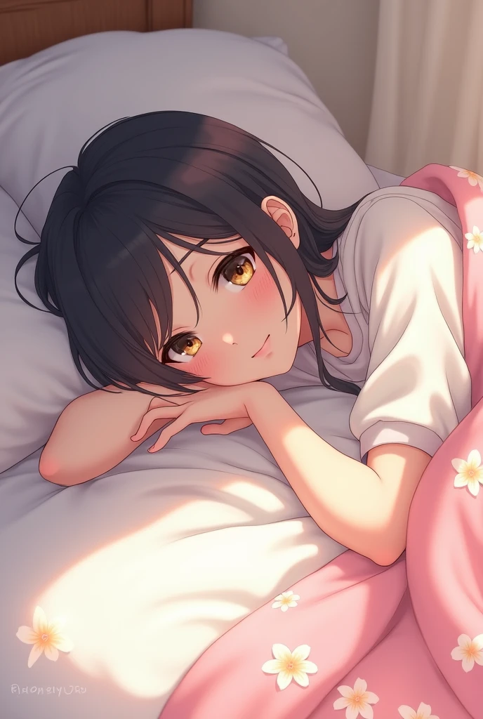 Anime girl lying on her stomach on the bed