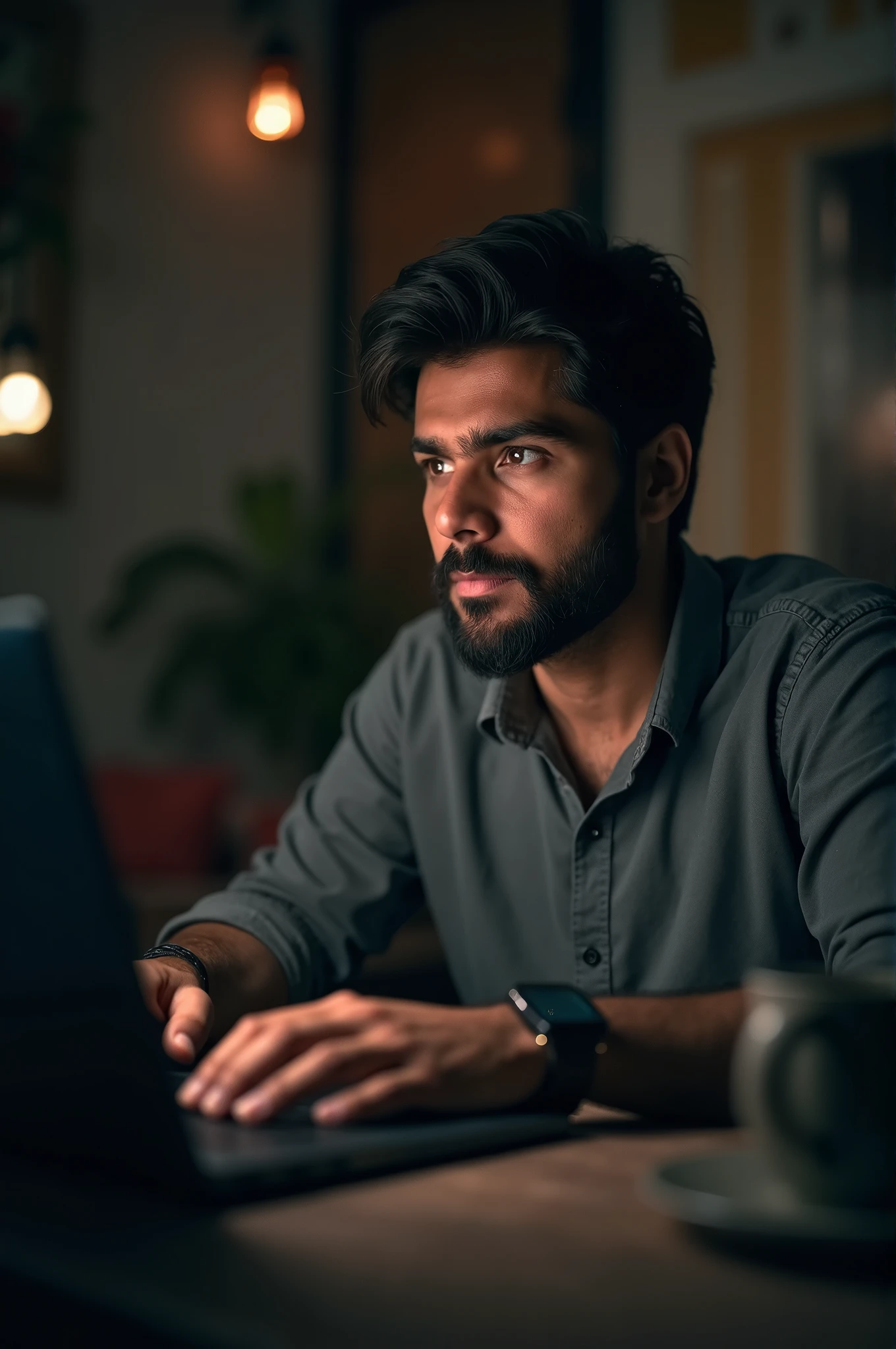 A man is 20 to 2. He has a beard on his face. His hand is on a laptop. There is a laptop on his table. He is in a room. His camera is very good. Indian environment. His face is facing forward. Blured and black color
