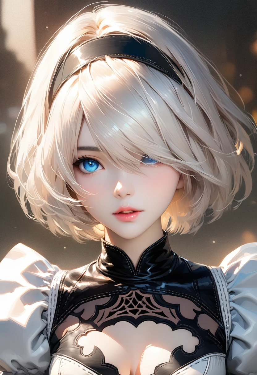 {(masterpiece,best quality, 16K portrait, UHD, extremely detailed the work, detailed beautiful face and eyes and skin and hair)}
BREAK {(ultra realistic photo graphic style:1.2)}
BREAK {solo,(2B of Nier-Automa:1.4), (lightbrown-lightwhite colored hair:1.4, short cut hair), (medium mouth),(narrow and sharp eyes),(attractive blue-glay eyes:1.4),(left-eye hidden by bangs:1.2),(slender body,small breasts):1.2,captivating lips}
BREAK {(Nier-Automata-2B costume:1.2),(cleavage between breasts:1.2),(hairband:1)}
BREAK {face focus}