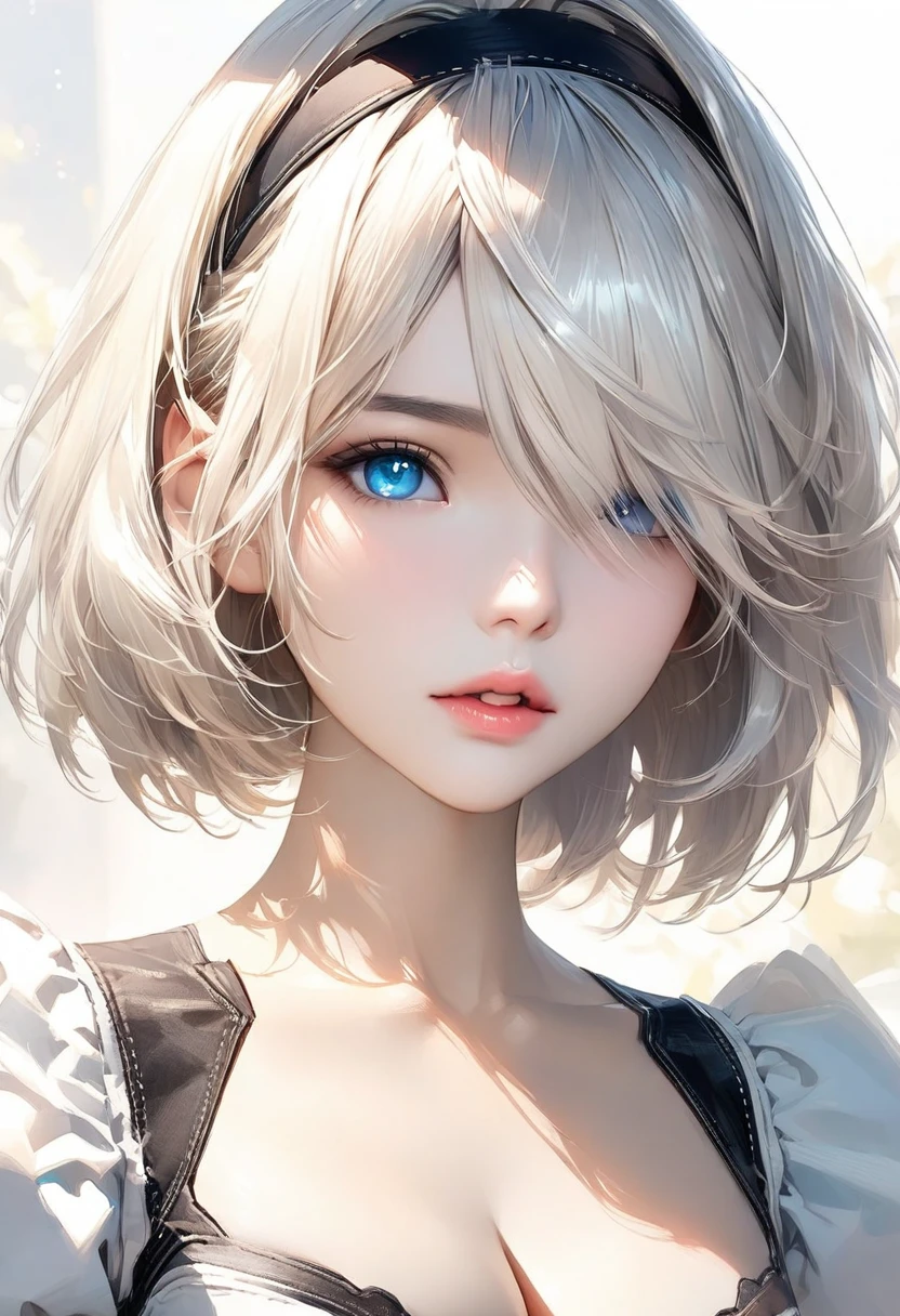 {(masterpiece,best quality, 16K portrait, UHD, extremely detailed the work, detailed beautiful face and eyes and skin and hair)}
BREAK {(ultra realistic photo graphic style:1.2)}
BREAK {solo,(2B of Nier-Automa:1.4), (lightbrown-lightwhite colored hair:1.4, short cut hair), (medium mouth),(narrow and sharp eyes),(attractive blue-glay eyes:1.4),(left-eye hidden by bangs:1.2),(slender body,small breasts):1.2,captivating lips}
BREAK {(Nier-Automata-2B costume:1.2),(cleavage between breasts:1.2),(hairband:1)}
BREAK {face focus}