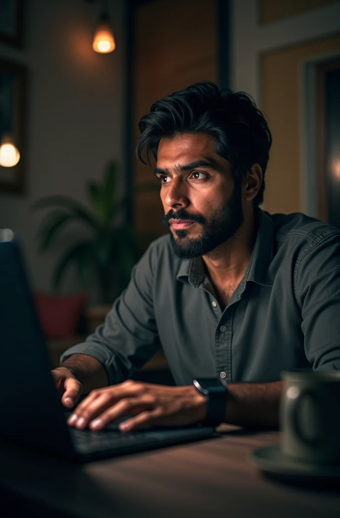 A man is 20 to 2. He has a beard on his face. His hand is on a laptop. There is a laptop on his table. He is in a room. His camera is very good. Indian environment. His face is facing forward. Blured and black color