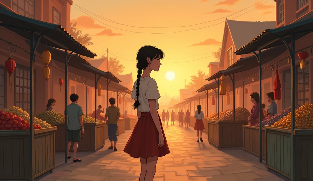 Character Description: Lily is now mature and thoughtful, with a calm, composed demeanor. Her braid is neatly tied, and her dress is simple but well-kept. Her eyes reflect a sense of nostalgia as she says goodbye to the place that taught her so much
Prompt: A vintage-style illustration of Lily standing at the edge of the village market, looking back with a small smile. The market is still bustling with activity, but Lily stands apart, reflecting on the memories she has made. The sun is setting, casting a warm glow over the market stalls and villagers. The scene is filled with a sense of closure and reflection, as Lily prepares to move on to the next chapter of her life