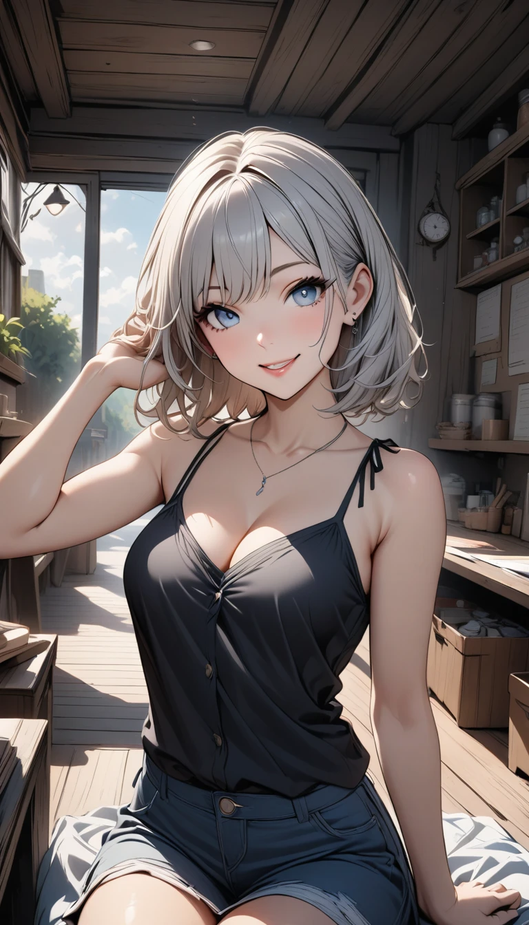 (masterpiece, Highest quality:1.2), (High resolution, Abstract:1.1), Super detailed, One girl, Cute pose, camisole, Off the shoulder, Lips parted, smile, blush, Create an attractive and inviting posture, Large Breasts, Cleavage, , Browsing Caution,