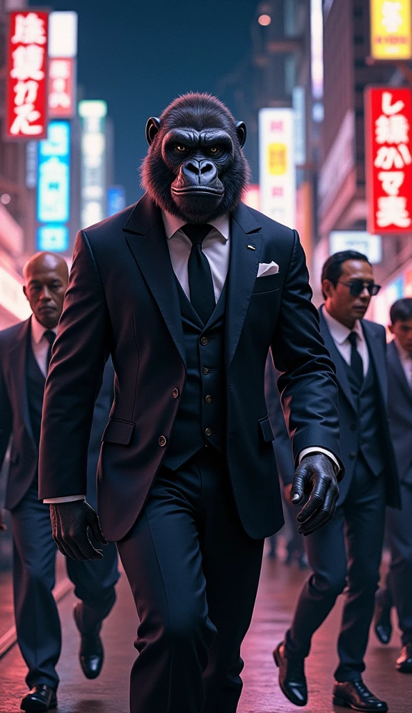 Illustrate a handsome, anthropomorphized gorilla as the leader of a host group walking through the lively streets of Kabukicho at night. The gorilla, dressed in a stylish suit, exudes confidence and charisma. Surrounding him are a group of other anthropomorphized mammals, each representing different species, such as a fox, Tiger, deer, and raccoon. They are all dressed in fashionable host attire, capturing the vibrant energy and glamour of Tokyo’s nightlife scene.
movie, Reality, 
