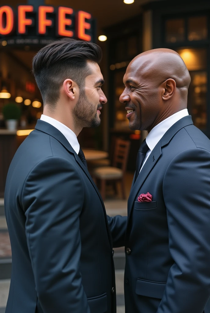 a man with neat hair, which, 2, a little bit small,posing with legendary boxer Mike Tyson, Wearing a neat suit, stand, coffee shop front background, realistic, UHD.