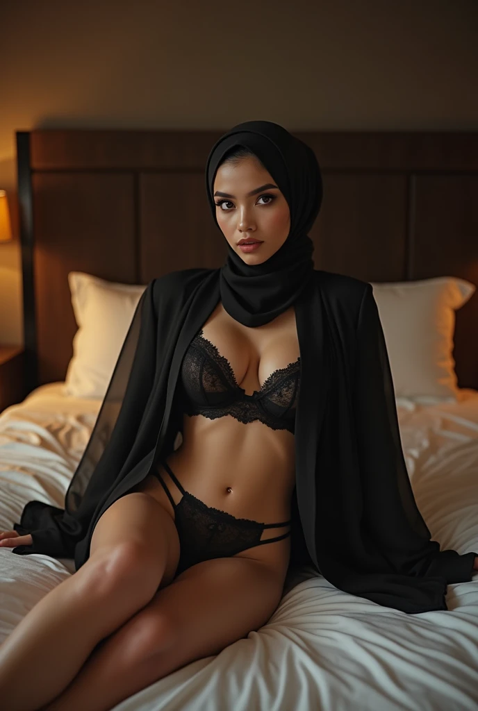 (8K, 4K, Best Quality, High Definition: 1.1), (Dark Indoors),(Chest Pochi))(Realistic, Photorealistic: 1.1), (((Sheer transparent Underwear)), Sexy, ((Sheer)),(Thin Fabric))), Hard, High Leg Underwear, Cute,Teenage Woman, 1 Girl, Solo, Alone, Indoors, ((On the Bed)),Necklace, thin lips, jewelry, beautiful, (open legs), (small hipig, big breasts, downtown, natural skin texture, 4k texture, soft cinematic light, complex, elegant, very detailed, (movie appearance))), insane detail, complex detail, hyper detail, HDR, detail, (dark indoors) ,hijab and dildo