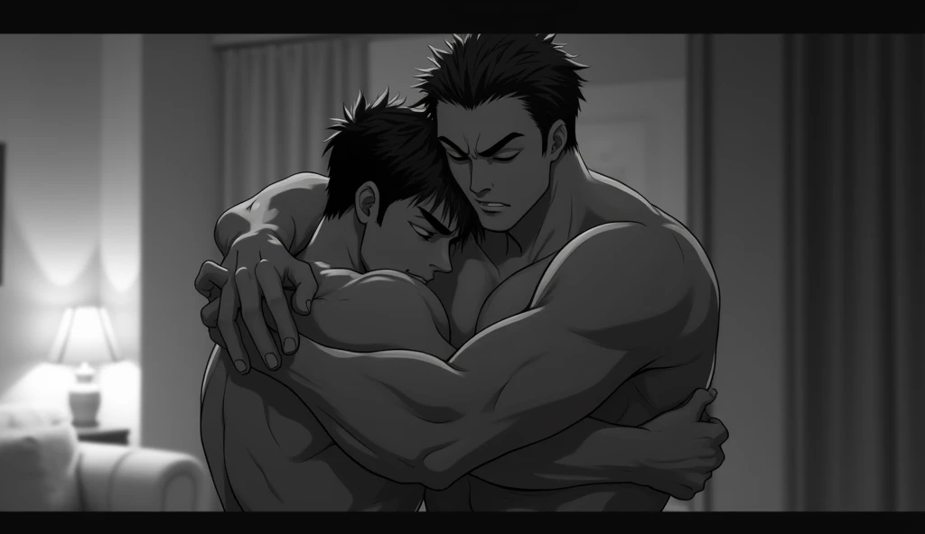 In a cozy, dimly lit living room, two anime-style male characters with muscular builds are standing close, sharing an emotional hug. One man looks visibly weak and tired, his head resting on the other man's shoulder, his eyes half-closed in exhaustion. The other man has a look of concern and empathy on his face as he wraps his strong arms around his partner, offering comfort and support. The room around them is softly furnished, with a couch and a small lamp casting gentle shadows. The black-and-white tones of the image emphasize the depth of their emotional connection, highlighting the comforting embrace and the sense of understanding and care between them."