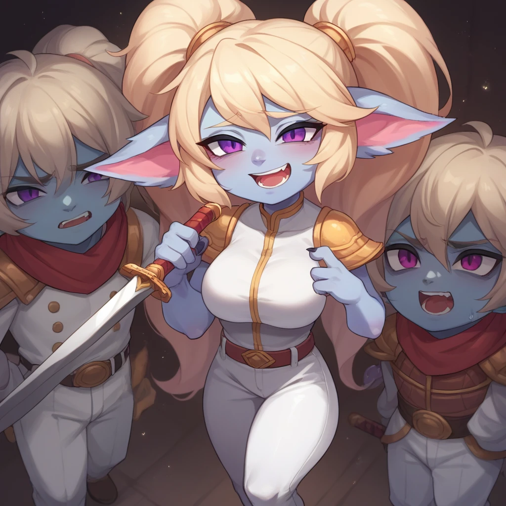 poppylol, Yordle, small pile, colored skin, rubio_hair, purple_eyes, big breasts, brave sad expression, Singing, dressed as a prince, white pants, White suit, white pants. White shirt, sword, horse, montando un horse