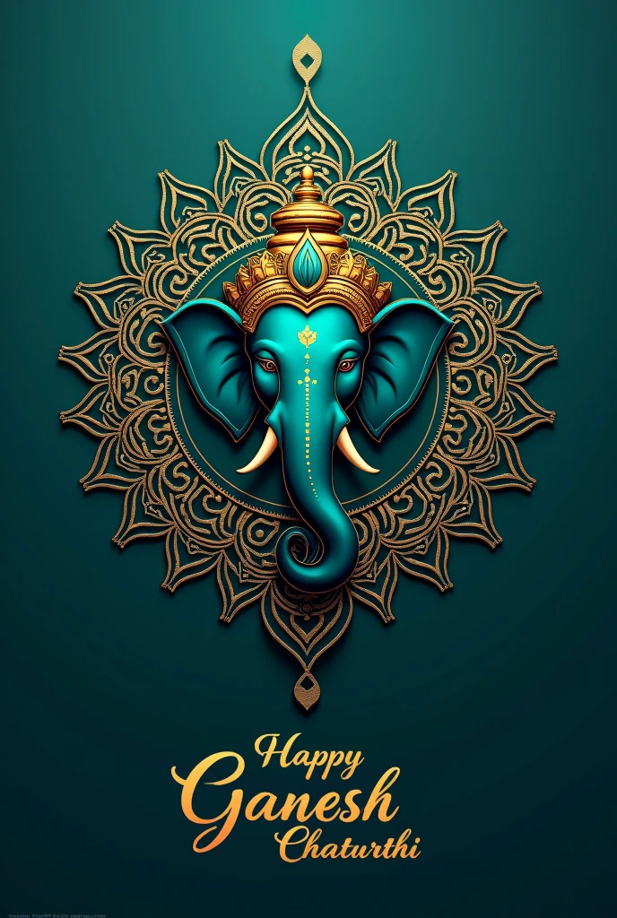 "Create an intricate mandala design in deep teal with a gold outline of Lord Ganesha's face in the center. Below the image, write 'Happy Ganesh Chaturthi' in elegant gold lettering."