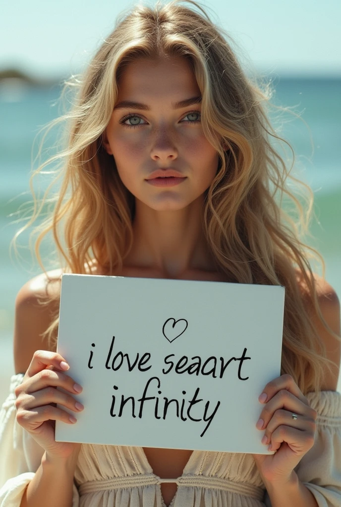 Beautiful girl with wavy long hair, bohemian dress, holding a white board with text "I Love Seaart Infinity" and showing it to the viewer