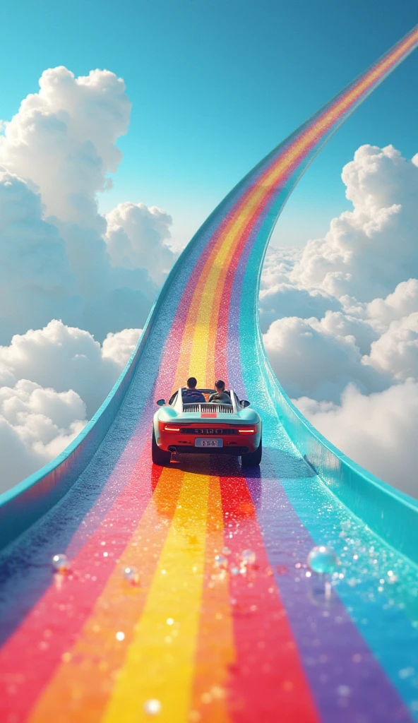 fantasy scenes, the slide is made of rainbows,a car going down the slide, beautiful sky,