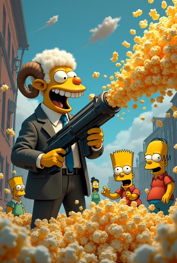 Mr sheepBurns with flying popcorns machinegun shot into Mouthe of all familly Simpson 