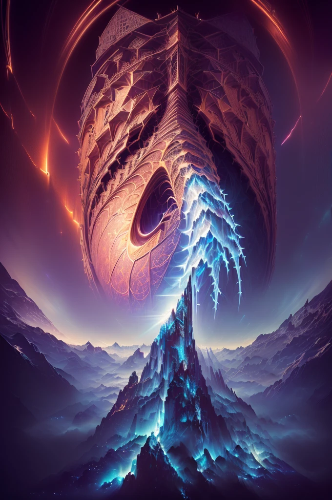 Monstruo gigante mirando hacia abjao en un paisaje de otro mundo,Gigante echo de fractales, Fractal infinito,fractal de Mandelbrot, divino, Figura imponente humanoide, masivo,escala masiba, mirando hacia abajo, de pie, inmenso, apocalyptic, colorido, iridiscente, obra maestra, 4k-resolution, detalles intrincados, dios,divino,ente superios echo de fractales,figuara imposible,geometria unica,