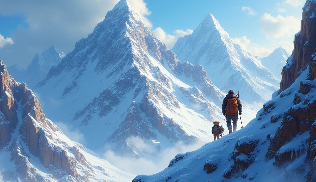 Climbing the Enchanted Mountains:
"Imagine the steep, snow-covered peaks of the Enchanted Mountains, where fierce winds and treacherous ice make every step dangerous. Leo and Nibbles push forward, determined to reach the top where the Golden Bird awaits."