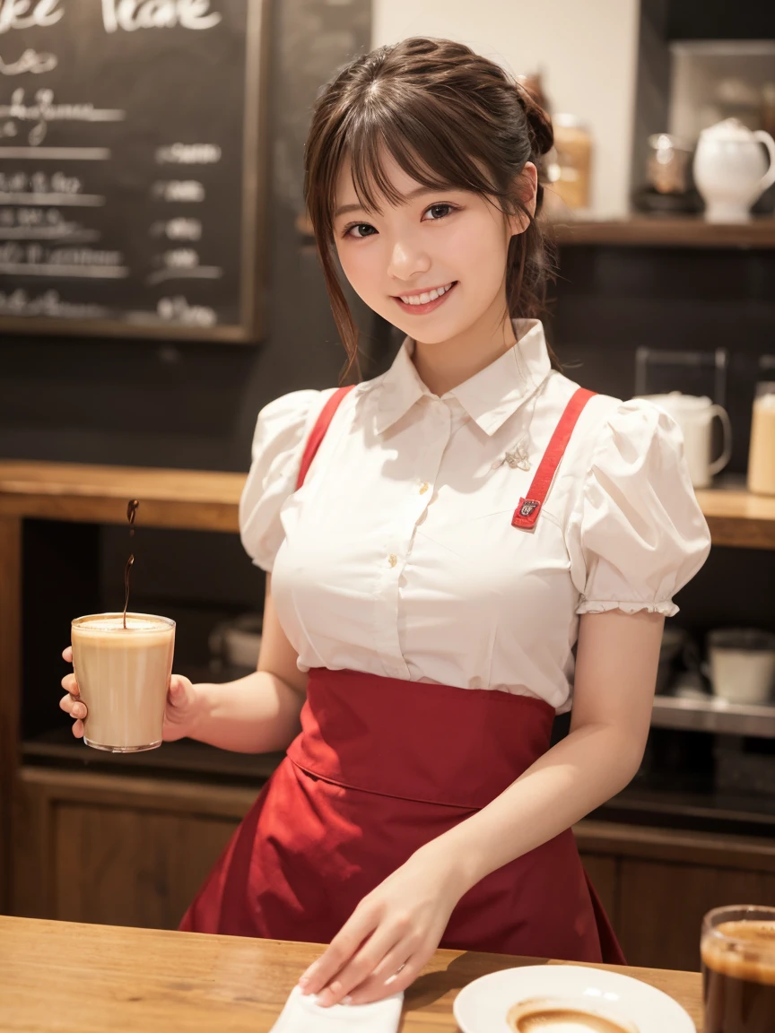 1 girl、(RAW Photos、Highest quality)、(Real、フォトReal:1.4)、Tabletop、Very delicate and beautiful、Very detailed、2k wallpaper、wonderful、Detailed、Very detailedCG Unity 8k壁紙、Super detailed、1、High resolution、((Red waitress outfit))、Long skirt、Elegant skirt、Big Breasts、Frills、ribbon、Soft Light、Beautiful detailed girl、Puff sleeves、Cafeのウエイトレス、smile、Happy Face、Cafe、coffee shop、Latte Art